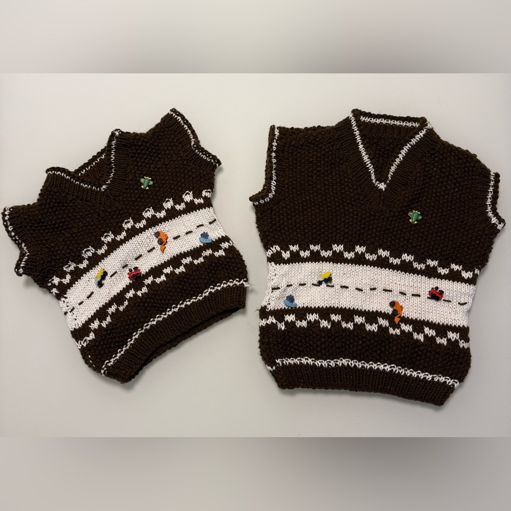 Brown Hand Knitted Kids Toddler Swear Vests with Car Buttons, Sizes 2 and 4.